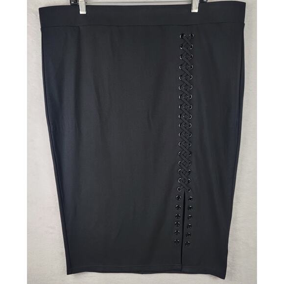 3X Black Midi Knit Skirt Fitted Pull On Lace Slit Party Gothic Dark Romantic - Picture 1 of 5